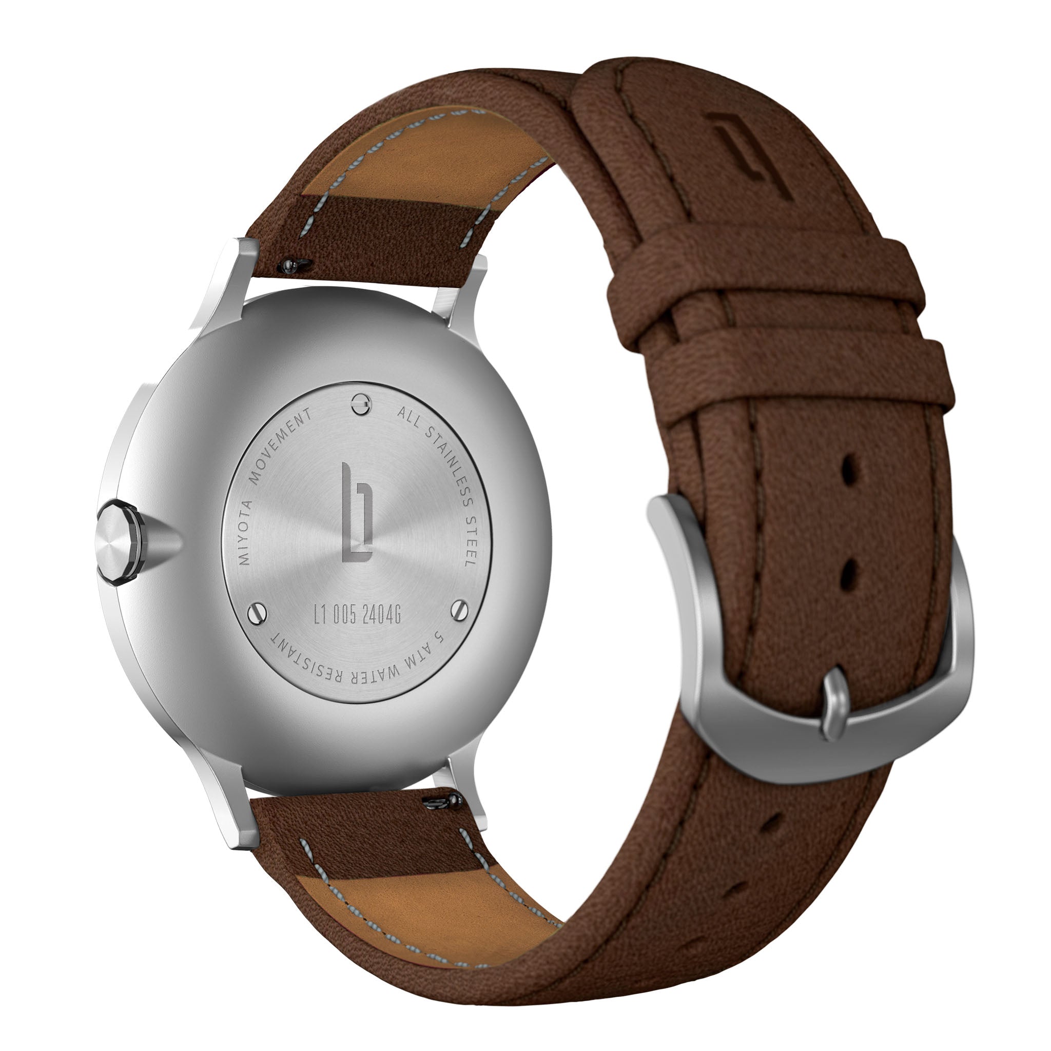 Stainless steel watch with brown leather strap, back view, visible engraved case back and buckle.