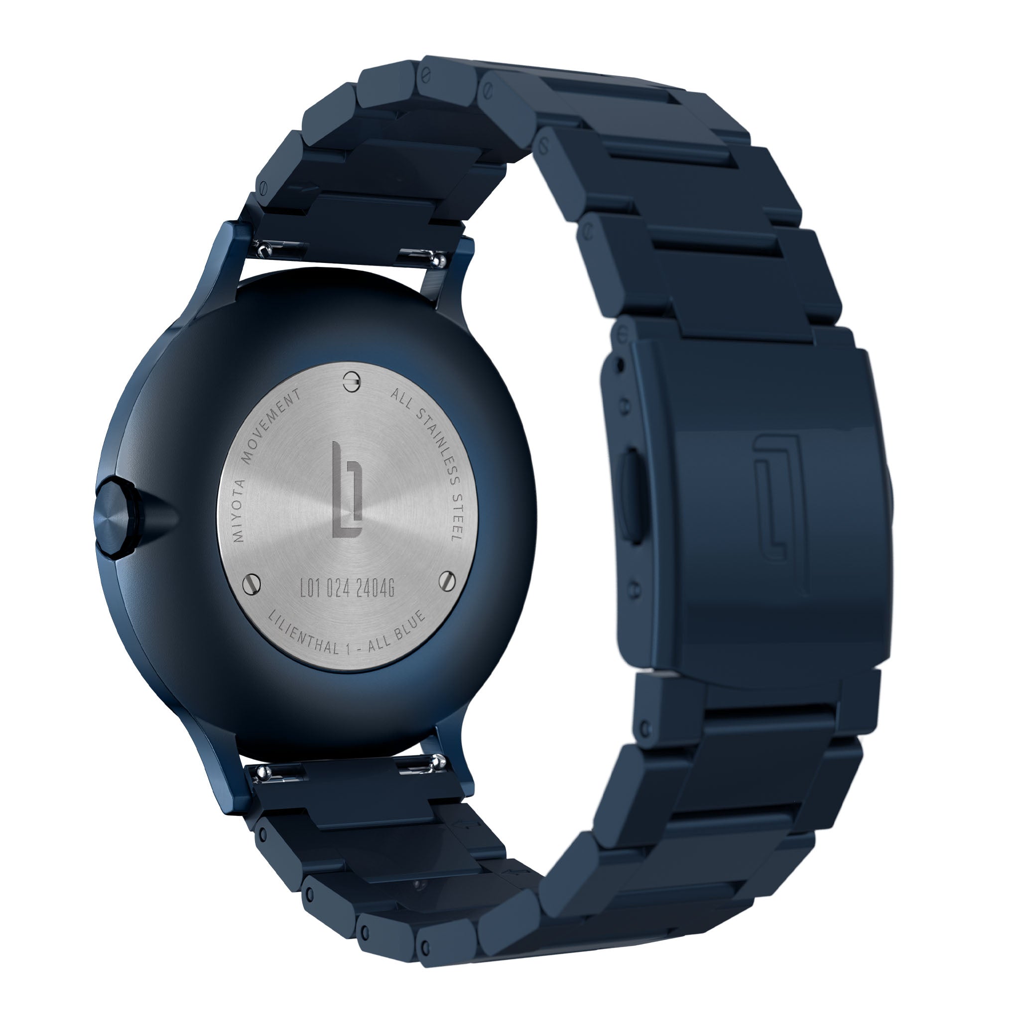 Back view of a blue stainless steel men's watch with engraved case back and metal bracelet