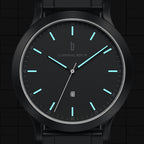 Black minimalist wristwatch with blue luminous markers, metal band, and date display