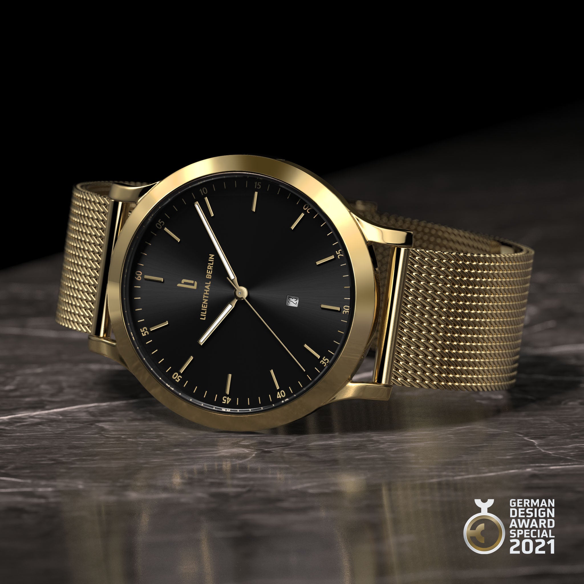 Gold mesh strap watch with black dial and date display, elegant men's accessory on marble