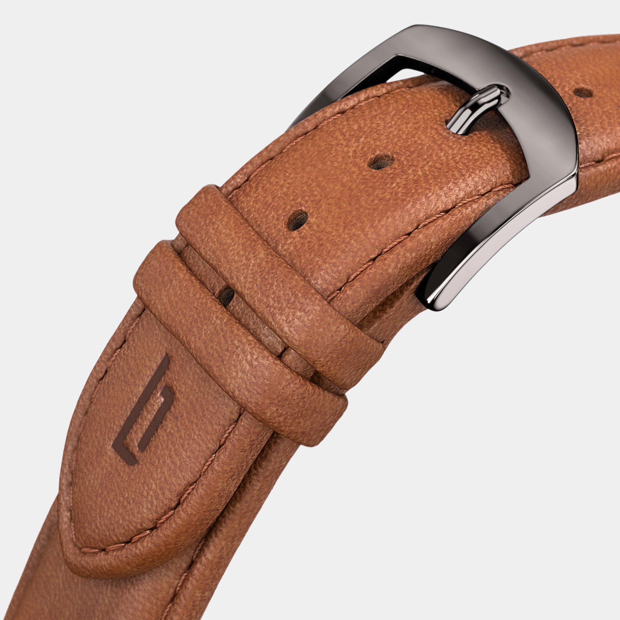 Brown leather watch strap with silver buckle on white background